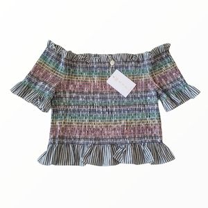 WAYF Rainbow Off the Shoulder Crop Top w/Ruffles